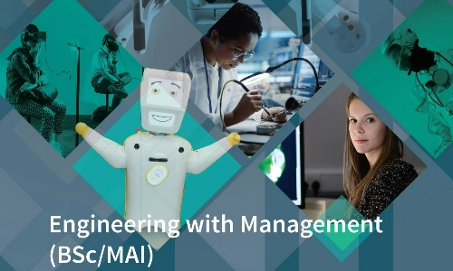 A collage of a robot and students