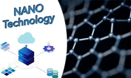 An icon with the words nano technology written on it in blue writing over a white background. To the right of the icon is a piece of metal made up of hexagonal prisms