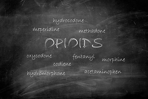 A blackboard with the word Opioids written in block capitals with words associated with opioids written around it