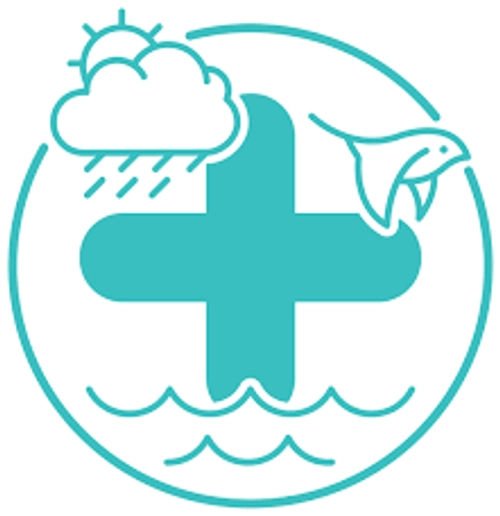 Climate Plus LOGO - Plus sign, clouds, bird and moving water graphic