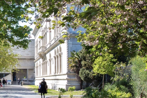 Campus venue old building person walking by - front square and trees visible