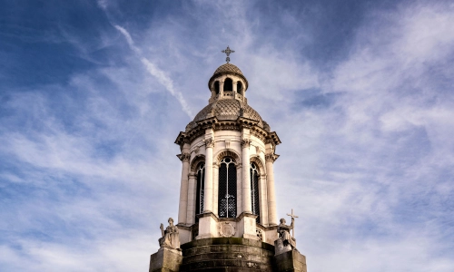 TCD Campanile against blue sky