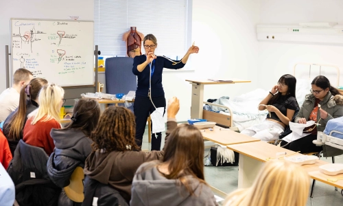 Class of students learning clinical skills.