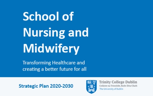 Strategic Plan cover in blue and white with text and TCD logo