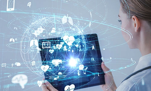 Medical technology concept. Nurse looking at a tablet with graphic