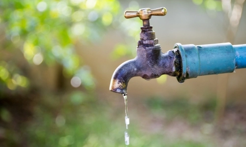 Image of an outdoor tap with water dripping from it. Blurred greenery in the background.