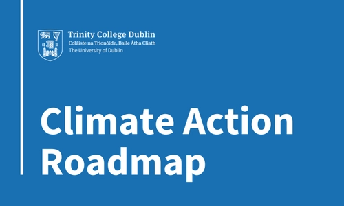 Blue graphic with white writing saying 'Climate Action Roadmap', with white Trinity logo at the top.