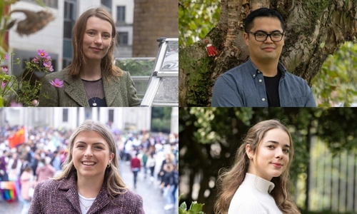 Collage with four headshots of students