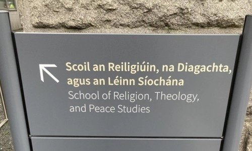School of Religion, Theology, and Peace Studies sign