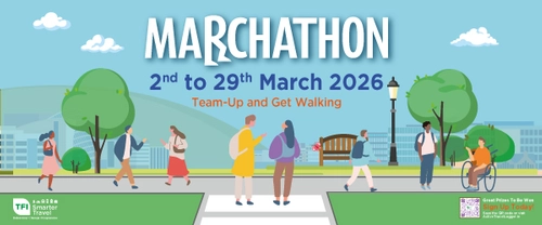 Illustrative poster showing people walking and rolling in a park with Dublin buildings in the background with text reading 