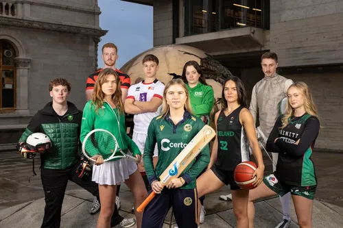 Sport Scholarship 25-26 photoshoot group photo outside Eavan Boland library