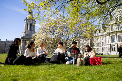 A group of diverse students sitting on the grass in a college courtyard under blossoming trees, chatting and studying together with a historical university in the background