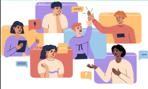 A cartoon image of different people engaged in conversation