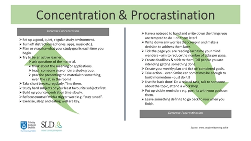 Infographic titled “Concentration & Procrastination” from Trinity College Dublin. The left side lists tips to increase concentration, such as creating a quiet study space, taking regular breaks, and being an active learner. The right side offers strategies to decrease procrastination, including using to-do lists, setting deadlines, and breaking tasks into smaller steps.