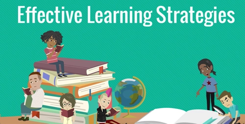Animated students reading books around a giant stack of textbooks with a globe beside them. Title text reads “Effective Learning Strategies.” Thumbnail for an interactive learning resource.
