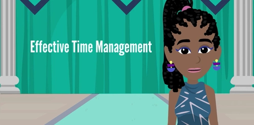 Animated character standing beside the title “Effective Time Management.” Thumbnail image for an interactive resource on managing time effectively.