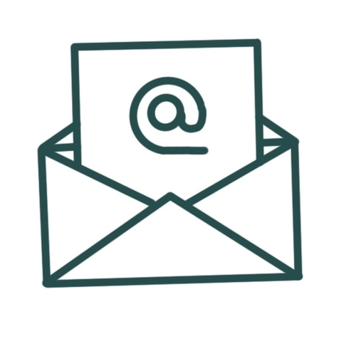 A 2-tone graphic showing an envelope containing a piece of paper with an @ symbol on it, to depict an email