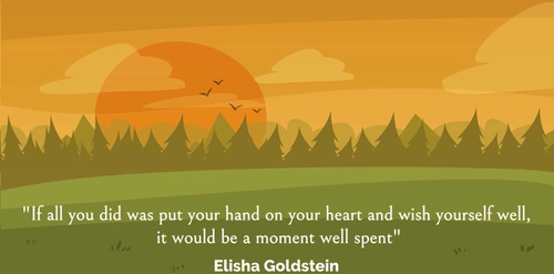 Illustration of a peaceful forest at sunset with birds flying and clouds in the sky. A quote by Elisha Goldstein reads: 