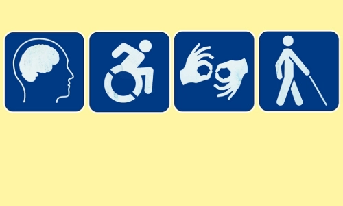 Different signs for disability access including International wheelchair symbol, Intellectual disability symbol and Visual impairment symbols