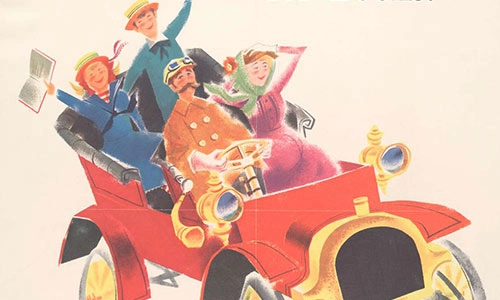 graphic of old fashioned open top car with passengers holding books