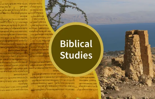 An image of King David set against an image of the Grotta a Qumran in Palestina