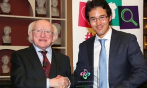 President Higgins and Dr. Jeremy J. Piggott who has been awarded the IRC Early Career Researcher of the Year