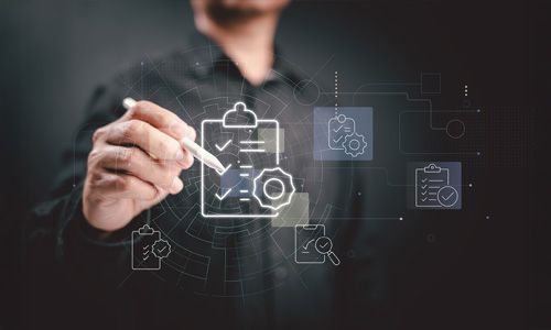 Professional using digital interface to illustrate workflow