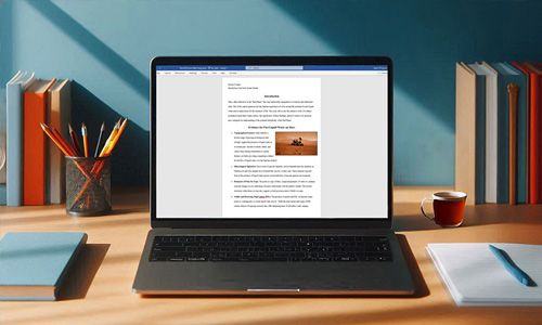 Laptop displaying a text document on a study desk