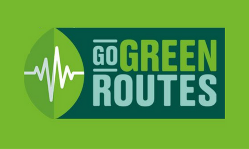 Go Green Routes logo which is two shades of green with the words go green routes written in the centre and a pulse image drawn on the left hand side