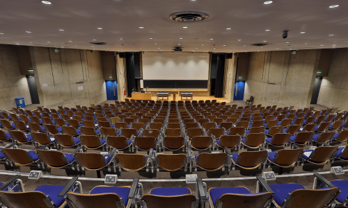 An empty lecture hall in the Arts Building.