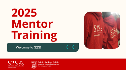 Banner reading “2025 Mentor Training” with a photo of people wearing red S2S hoodies and a button that says, “Welcome to S2S!” Below is the caption: “Mentor Training Slides.”