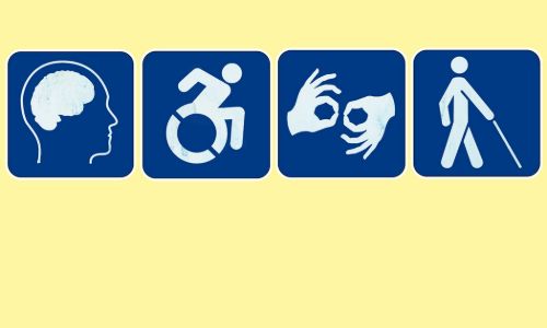 Different signs for disability access including International wheelchair symbol, Intellectual disability symbol and Visual impairment symbols