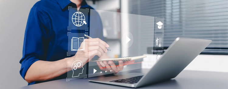 Student interacting with a digital screen showing a webinar and a video playing to represent digital learning