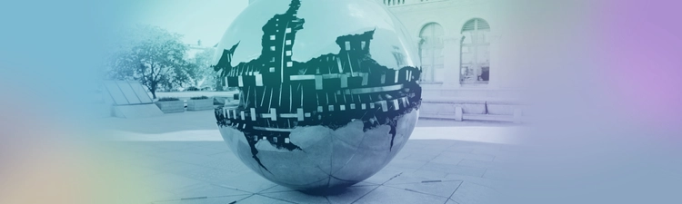 The Pomodoro sculpture TCD with bright colours overlayed