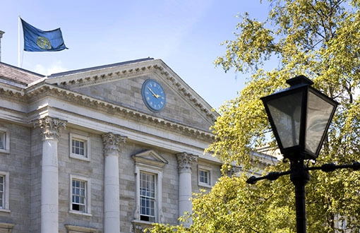View of Front Gate with flag, tree and lamppost