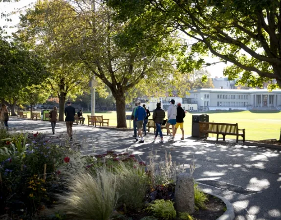 Students walking through the grounds of Trinity