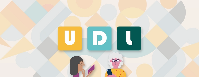 A banner with the initials UDL and two cartoon students - one reading on a phone and one reading a book.
