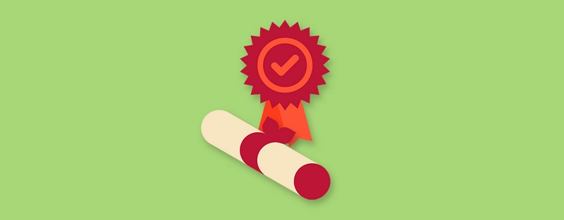 A cartoon graphic of a scroll and an award.