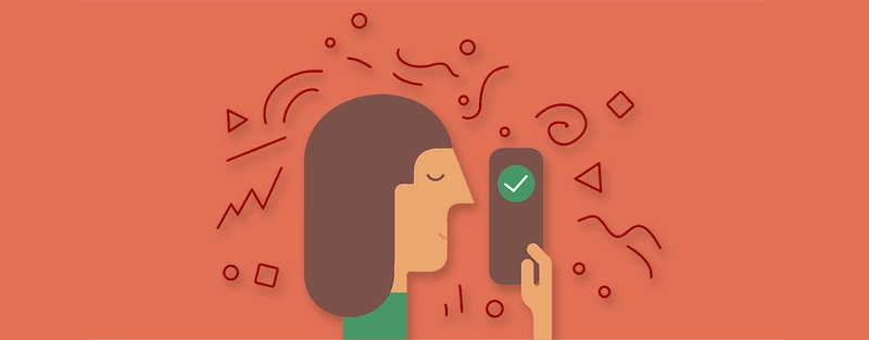 A cartoon graphic of a student reading from a phone with a checkmark on the screen.