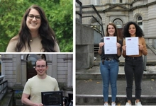 A collage of the four winners of the Bioengineering engineering conference, Two of the photos are portraits. The other image features two of the winners holding their certificates
