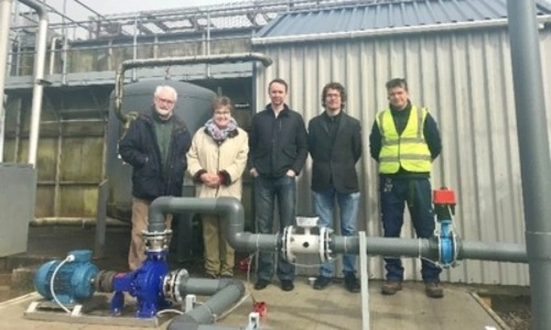 Dr. Aonghus McNabola, Dr John Gallagher and Prof. Biswajit Basu in the School of Engineering, and Prof. Paul Coughlan in the Trinity Business School standing beside the micro-hydropower energy recovery