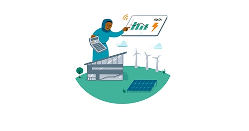 Illustration of Female with laptop surrounded by Sustainability concepts