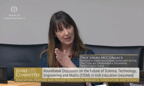 Dr Sarah Mc Cormack, a Professor in Sustainable Energy at the Department of Civil, Structural, and Environmental Engineering, speaking to the Oireachtas on the topic of STEM and gender in education.