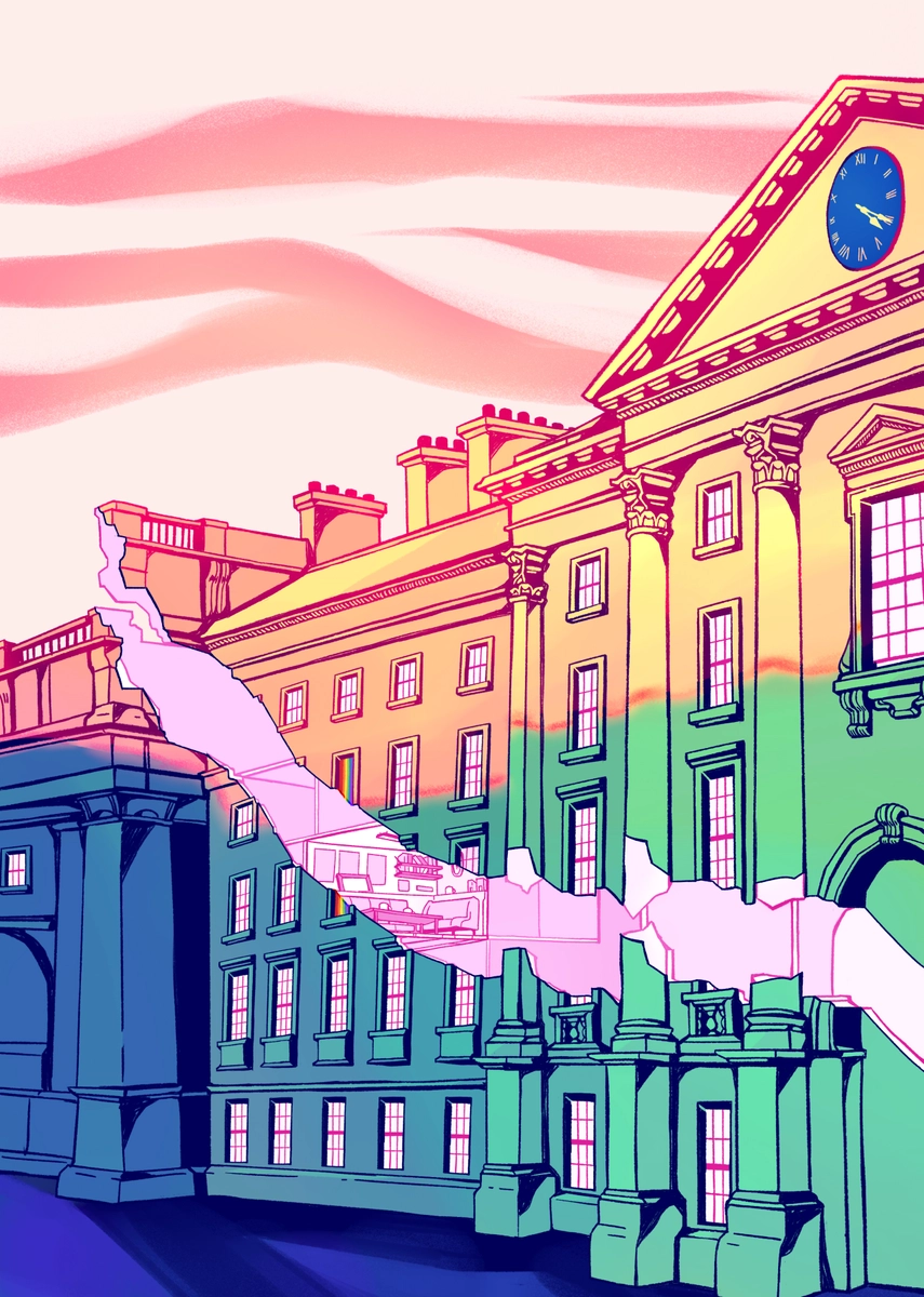 Colourful illustration of the front buildings of Trinity, rendered in rainbow colours with an artistic split across the diagonal of the building showing the rooms and people inside