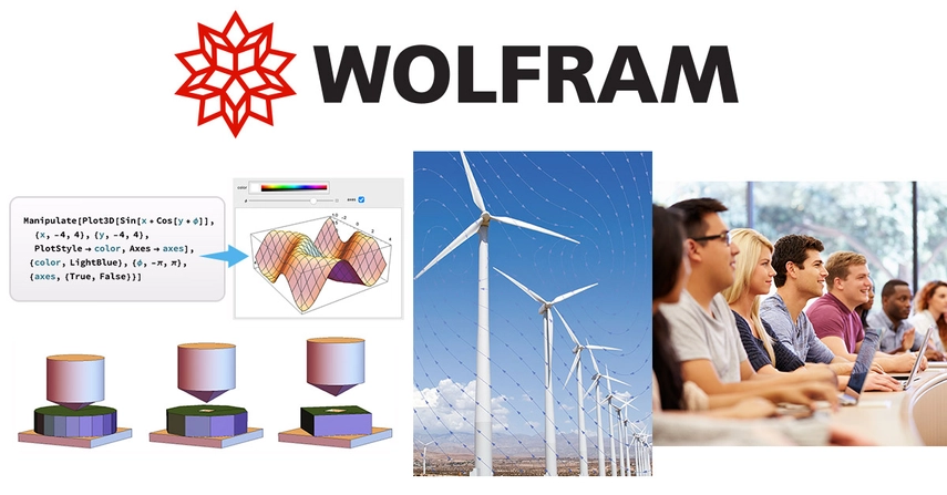 Wolfram mathematica logo containing people listening to a seminar, wind turbines and computation diagram