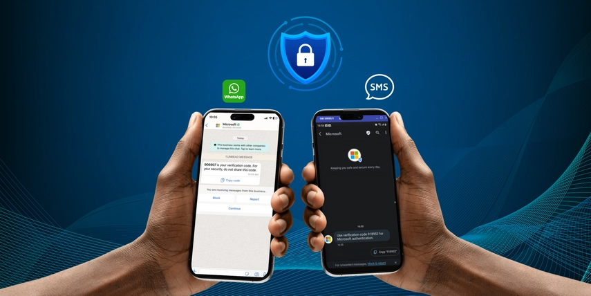 Phone screens displaying text messages via SMS and WhatsApp