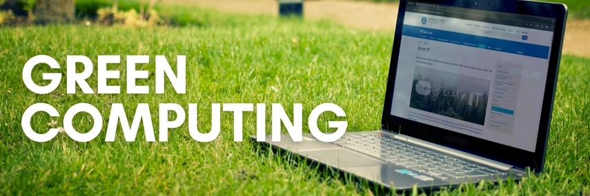 image of a laptop in grass with Green IT in Trinity webpage open