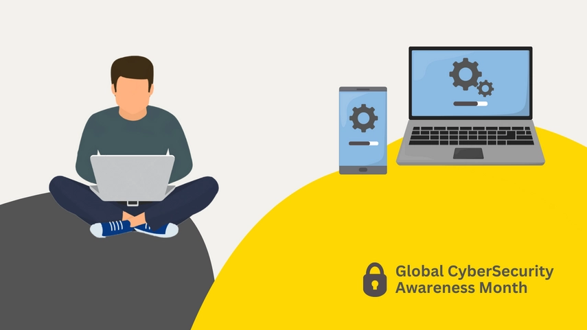 student with laptop and software updates on laptop and phone