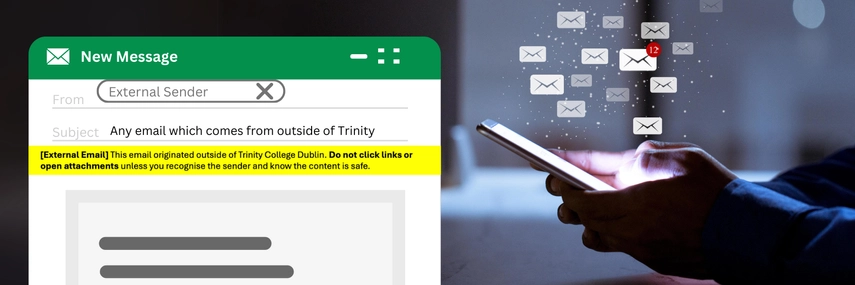 image of person holding mobile phone and looking at external email banner