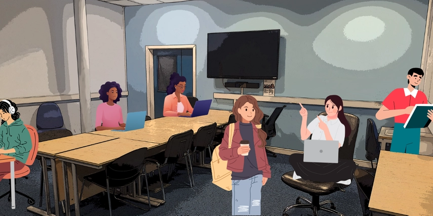 Image of a room with desks, screen, and students standing up and sitting down